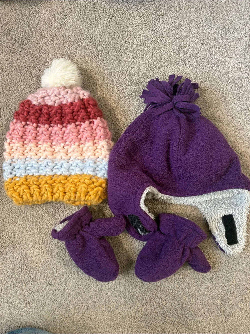 Kids Purple Fleece Hat and Mittens Set